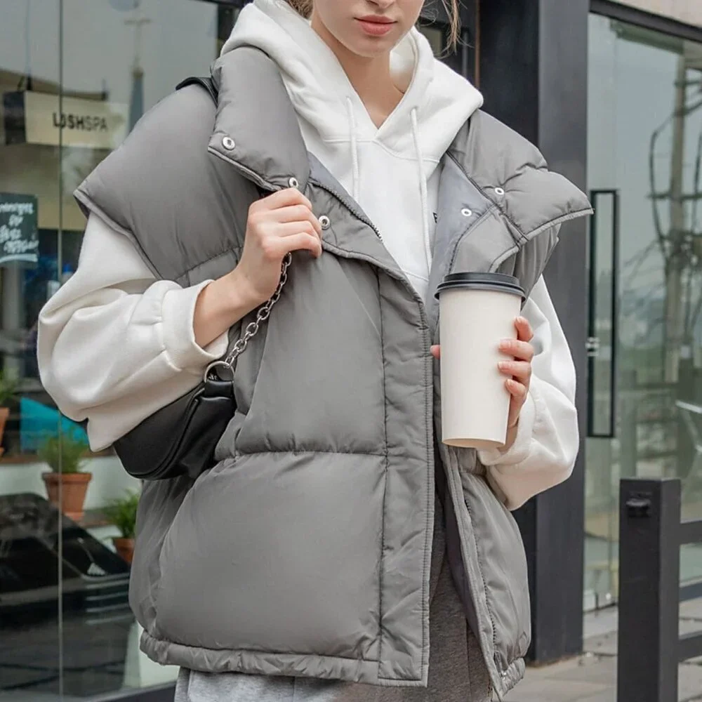 Grey Casual Women's Drawstring Hem Sleeveless Zip Front Puffer Pockets Coat - Picture 7 of 8